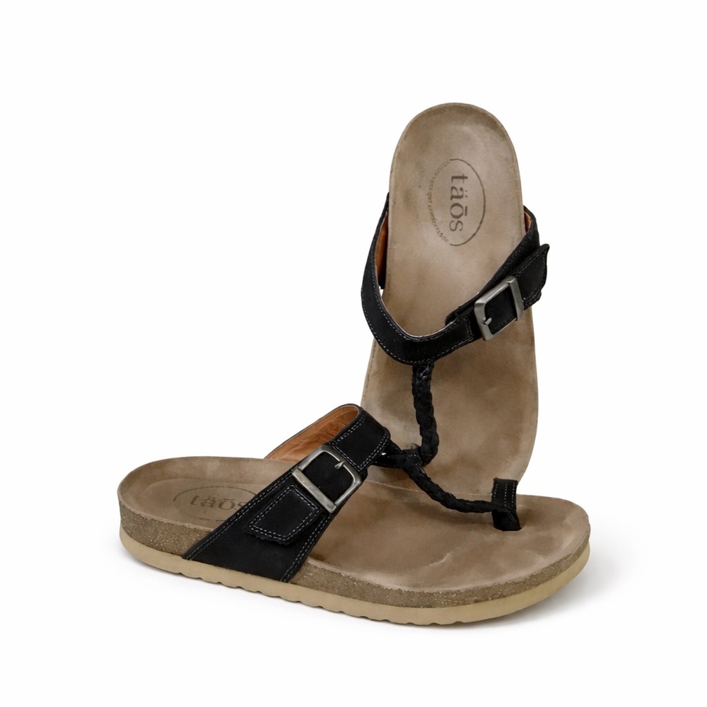 TAOS Women’s Black Braided Leather Buckle Toe Strap Sandals 9
